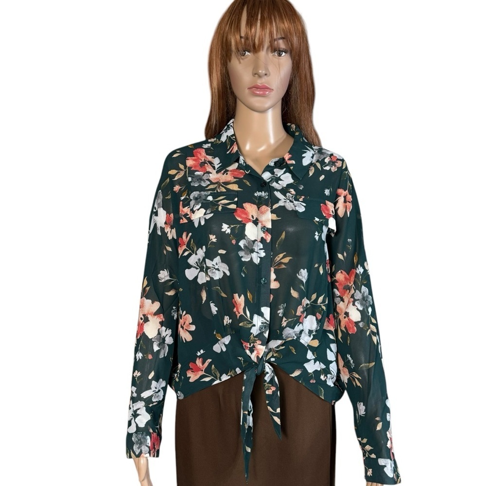 NWT New $89 Adrianna Papell Floral Long Sleeve Front Tie Green Blouse Size L
